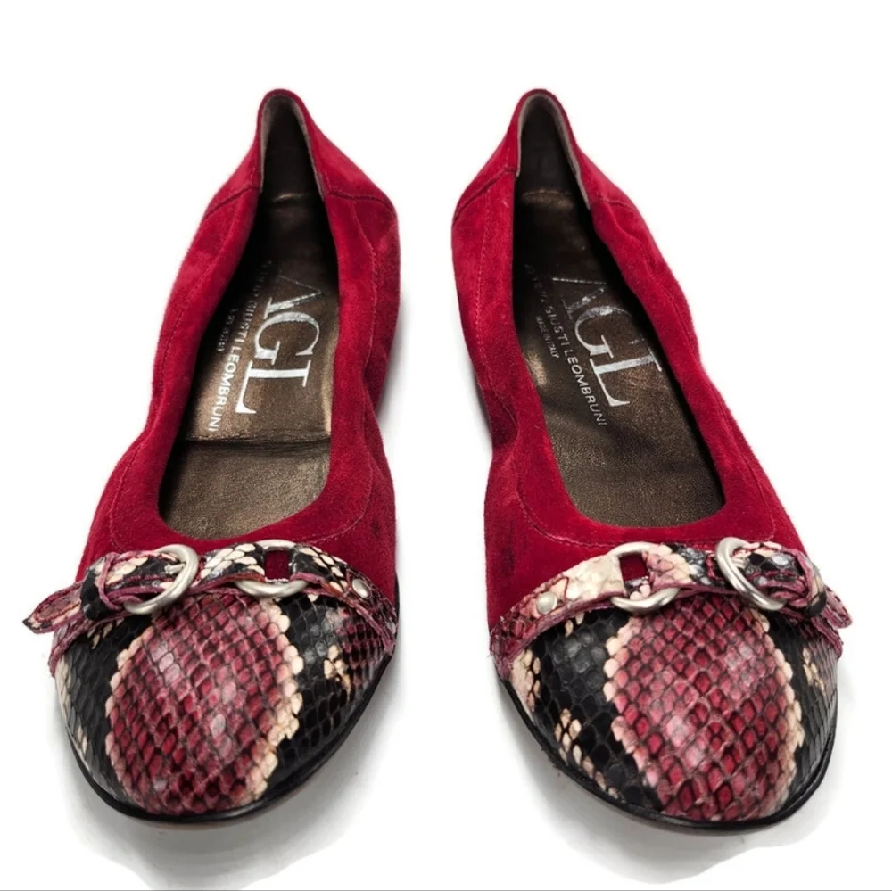 Attilio Giusti Leombruni Monika Dark Red Suede Snake Print Cap Toe Ballet Flats